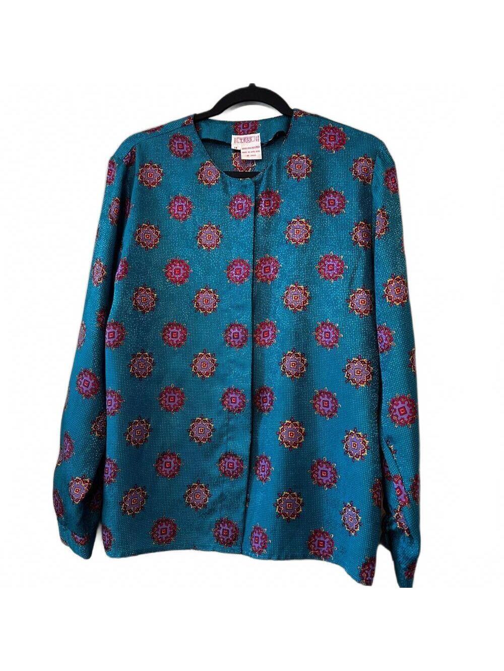 Tess Paris-Milano Vintage Teal Blouse with Purple and Red Medallion 14